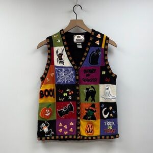 Vintage Tiara Halloween Graphic Novelty Knit Ugly Patchwork Sweater Vest Medium